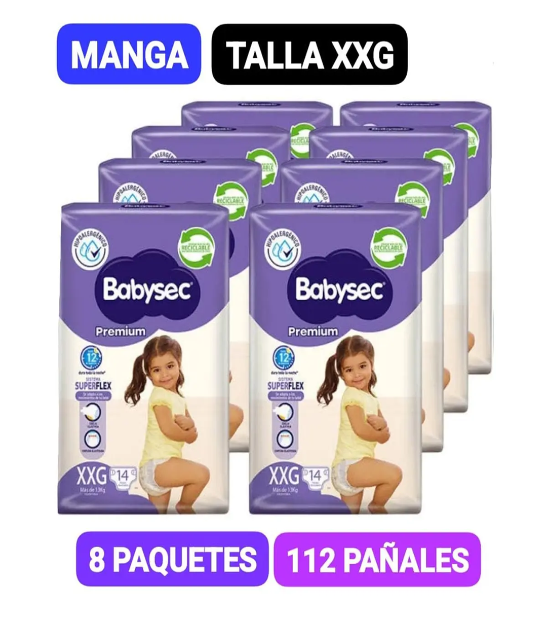 Manga Pañal Babysec Premium XXG 8 paquetes 112un.